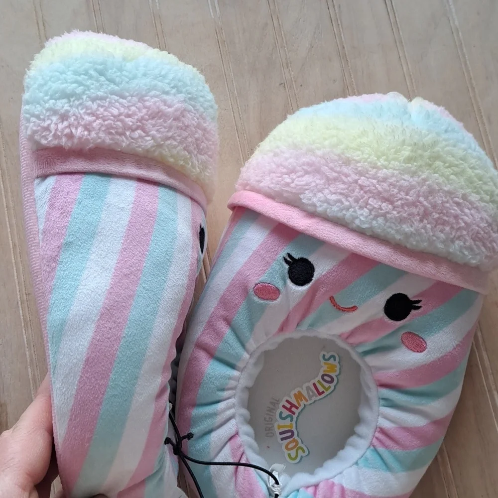NWOT Squishmallows Pastel Rainbow Stripe Plush Cozy Cute Slip On House Slippers